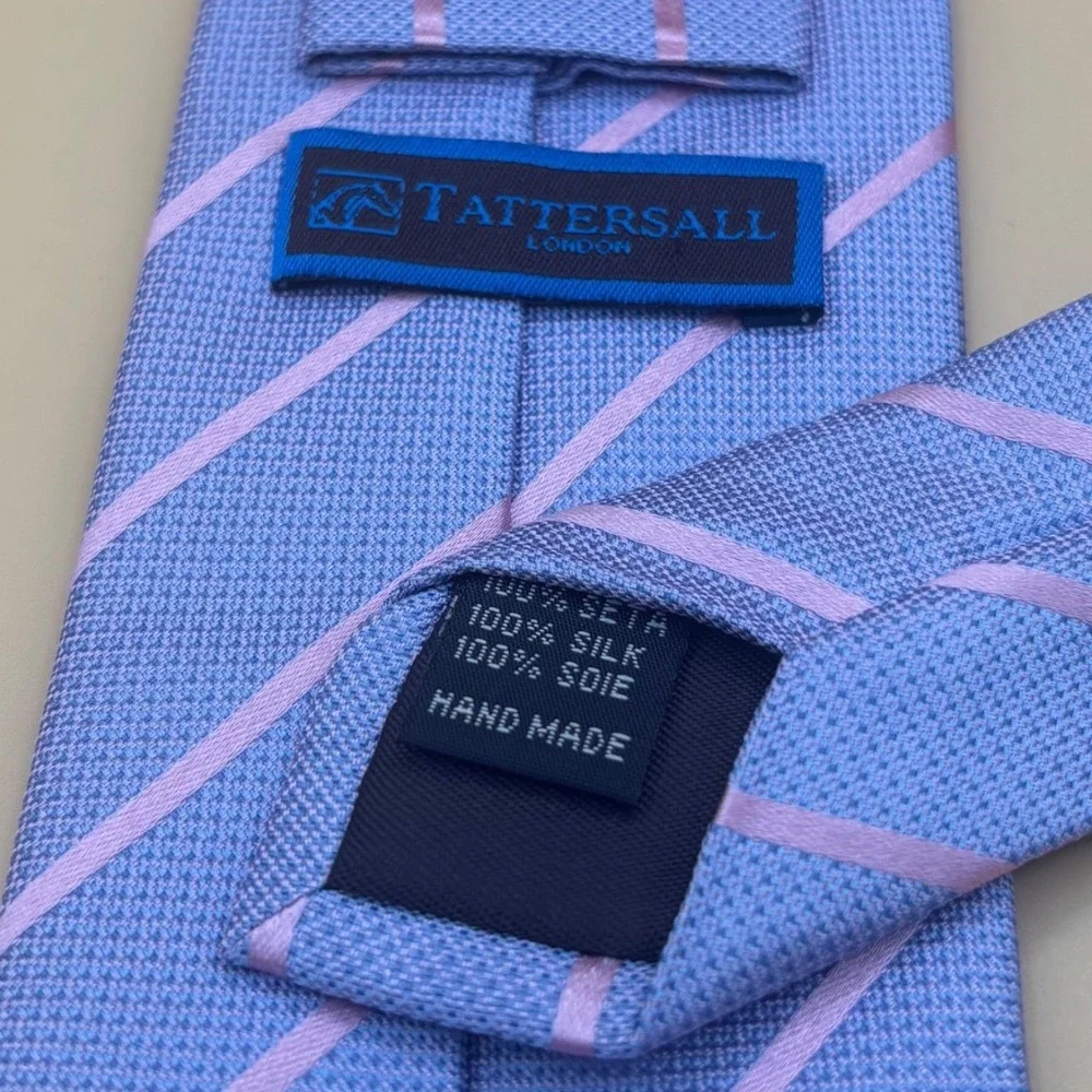 Tattersall London Mens Silk Tie Light Blue Pink Diagonal Stripe Hand Made‎ 3.25